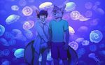  2017 5_fingers akitamonster anthro blue_hair canine clothed clothing detailed_background dog duo female fur grey_fur hair male mammal smile standing water 