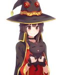  =_= bad_id bad_pixiv_id black_hair brown_hair button_eyes cape cat cero_(last2stage) choker chomusuke fingerless_gloves gloves hat highres holding holding_cat kono_subarashii_sekai_ni_shukufuku_wo! megumin orange_eyes short_hair_with_long_locks simple_background white_background witch_hat 