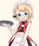  blonde_hair blue_eyes g36_(girls_frontline) girls_frontline glasses highres jb_ryshamr looking_at_viewer maid_headdress open_mouth ribbon short_hair solo tray younger 