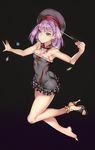 banned_artist bare_shoulders barefoot black_background breasts cleavage fate_(series) hat helena_blavatsky_(fate/grand_order) high_heels legs long_hair midair pointer purple_eyes purple_hair shoes simple_background single_shoe small_breasts solo thighs viola_(seed) 