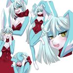  akitokit anthro blue_fur blue_hair blush bow breasts bunny_costume costume embarrassed female fur hair lagomorph mammal open_mouth rabbit simple_background solo white_background yellow_eyes 