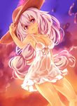  breasts cloud cowboy_shot dress flower_knight_girl hat hototogisu_(flower_knight_girl) keikotsu lavender_hair long_hair looking_at_viewer medium_breasts purple_eyes sky smile solo sun_hat sundress sunset 