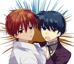  2boys blue_eyes blue_hair coat earrings haori juumonji_tsubasa kyoukai_no_rinne open_mouth red_eyes red_hair rokudou_rinne short_hair 