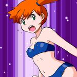  1girl arm bare_arms bare_shoulders bikini blue_bikini blue_swimsuit breasts collarbone erect_nipples face female gomatarou_(pixiv196136) green_eyes gym_leader kasumi_(pokemon) looking_at_viewer midriff navel neck nintendo open_mouth orange_hair pokemon pokemon_(anime) pokemon_(game) pokemon_frlg pokemon_rgby purple_background round_teeth serious short_hair shouting side_ponytail small_breasts solo strapless strapless_bikini strapless_swimsuit swimsuit teeth 