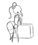  abdomen ambiguous_gender antennae arthropod empty_eyes featureless_limbs hi_res hollow_knight humanoid iselda_(hollow_knight) kdd monochrome rear_view simple_background solo unknown_species white_background 