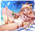  absurdres bangs bare_legs barefoot beach bikini blonde_hair blue_sky blush bracelet breasts cagliostro_(granblue_fantasy) chair cloud commentary covered_nipples crown day food granblue_fantasy grin highres jewelry long_hair looking_at_viewer lounge_chair lying micro_bikini navel niko_(tama) ocean on_back one-piece_tan outdoors palm_tree popsicle pubic_tattoo red_bikini red_eyes sand side-tie_bikini sky small_breasts smile solo sweat swimsuit tan tanline tattoo tree water 