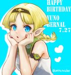  birthday blonde_hair blue_eyes braid commentary_request dated elf happy_birthday highres juno_bernal looking_at_viewer open_mouth pointy_ears pop-up_story solo st._feles_gakuen_uniform twin_braids twitter_username umino_kiri 