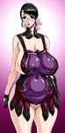  apron black_hair blush breasts cattleya cleavage curvy female flower glasses gloves gradient gradient_background hair_ornament hands_on_hips hips housewife huge_breasts lipstick long_breasts long_image makeup milf panties queen&#039;s_blade queen's_blade short_hair sideboob solo standing suspenders tall_image thighs underwear wide_hips 