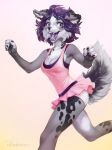  anthro breasts canine cheek_tuft chest_tuft claws cleavage clothed clothing collie dog dress fangs female floppy_ears fur hair levelviolet looking_at_viewer mammal open_mouth purple_eyes purple_hair purple_tongue raised_tail running simple_background solo spots spotted_fur tongue tuft white_background 