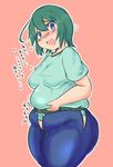  belly belly_grab belly_peek belt big_belly blush breasts fat fat_folds huge_ass medium_breasts muffin_top nengorogoro open_mouth plump short_hair sweat thick_thighs thighs torn_clothes undersized_clothes 