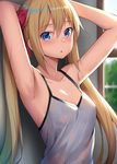  alexmaster armpits arms_behind_head arms_up bangs bare_arms blonde_hair blue_eyes blush breasts camisole collarbone commentary_request day eyebrows_visible_through_hair hair_between_eyes hair_ribbon highres indoors long_hair looking_at_viewer original parted_lips red_ribbon ribbon shiny shiny_hair sidelocks small_breasts solo sweat twintails upper_body window 