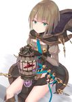  boots brown_dress brown_footwear brown_gloves dress gloves green_eyes gretel_(sinoalice) hansel_(sinoalice) highres holding hood hood_down kazuha_(saku_kn) lantern looking_at_viewer sinoalice sitting smile 