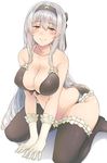  absurdres all_fours bad_id bad_pixiv_id bikini black_bikini black_legwear blush breasts brown_eyes cleavage closed_mouth collarbone commentary_request eyebrows_visible_through_hair frilled_bikini frilled_gloves frilled_legwear frills gloves hairband highres kantai_collection large_breasts long_hair looking_at_viewer navel shoukaku_(kantai_collection) silver_hair simple_background sitting smile solo straight_hair suisen_toire_(moko924) swimsuit thighhighs wariza white_background white_gloves 