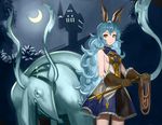 animal_ears bangs bare_shoulders blue_hair breasts brown_eyes brown_gloves castle commentary_request cowboy_shot crescent_moon dot_nose earrings ferry_(granblue_fantasy) gloves granblue_fantasy holding_whip jewelry leather leather_gloves long_hair looking_at_viewer medium_breasts moon night night_sky sideboob skirt sky very_long_hair wasabi60 wavy_hair 