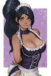 1girl :d apron arms_behind_back black_hair breasts cleavage corset dark_skin earrings forehead_jewel french_maid_nidalee green_eyes highres league_of_legends looking_at_viewer maid maid_apron maid_headdress medium_breasts mirco_cabbia nidalee ponytail smile solo waist_apron 