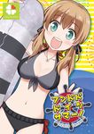  adapted_costume anchor_hair_ornament aqua_eyes bikini blonde_hair commentary_request cowboy_shot dutch_angle frilled_bikini frills front-tie_top hair_ornament harunatsu_akito highres kantai_collection looking_at_viewer navel open_mouth prinz_eugen_(kantai_collection) solo swimsuit translated twintails 