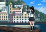  architecture black_hair black_legwear black_skirt building city cloud cloudy_sky commentary_request day from_behind fubuki_(kantai_collection) hand_on_own_face highres house kantai_collection kneehighs medium_hair mountain pier ponytail scenery school_uniform serafuku shirt shoes sidelocks skirt sky solo standing wasabi60 water white_shirt 