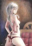  artist_name bikini bikini_bottom bikini_pull breasts commentary_request couch gangut_(kantai_collection) grey_hair highres kantai_collection long_hair looking_back medium_breasts red_bikini red_eyes solo swimsuit tesun_(g_noh) topless traditional_media watercolor_(medium) 