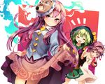  black_hat blue_shirt bow closed_eyes commentary_request cosplay floral_print green_hair green_skirt hairband hat hat_bow hata_no_kokoro heart komeiji_koishi komeiji_satori komeiji_satori_(cosplay) lifted_by_self long_hair mask multiple_girls naked_sheet pink_eyes pink_hair pink_skirt purple_hair reido1177 shirt short_hair skirt skirt_lift smile third_eye thumbs_up touhou very_long_hair yellow_bow yellow_shirt 