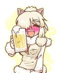  :d ^_^ alcohol alpaca_ears alpaca_suri_(kemono_friends) animal_ears beer beer_mug blonde_hair blush closed_eyes commentary cup drunk fur_collar fur_trim hair_over_one_eye holding holding_cup kemono_friends long_sleeves open_mouth seki_(red_shine) short_hair smile solo 