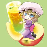  apple apple_slice blonde_hair blue_eyes bow chamaji chibi commentary_request cup dress drinking_glass food frills fruit glass hat highres holding holding_cup looking_at_viewer maribel_hearn mob_cap seiza shoes short_hair short_sleeves simple_background sitting smile solo touhou 
