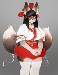 anthro black_hair blush breasts canine clothed clothing dipstick_tail eyewear female fox fur glasses grey_fur hair hi_res japanese_clothing legwear looking_at_viewer mammal multi_tail multicolored_tail signature simple_background solo sweat thick_thighs thigh_highs triuni wide_hips yuuka_(triuni) 