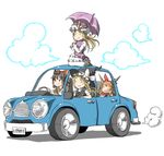  black_hat black_vest blonde_hair bow bowtie braid brown_hair car closed_eyes commentary dress driving drooling ground_vehicle hair_bow hair_ribbon hair_tubes hakurei_reimu hat hat_ribbon horns ibuki_suika inuno_rakugaki juliet_sleeves kirisame_marisa long_sleeves mob_cap motor_vehicle multiple_girls on_vehicle orange_hair parasol puffy_short_sleeves puffy_sleeves red_bow red_neckwear ribbon right-hand_drive seatbelt seiza short_sleeves simple_background single_braid sitting sleeping smile tabard through_window touhou translated tress_ribbon umbrella vest white_background white_dress white_hat witch_hat yakumo_yukari 