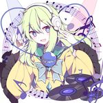 \m/ beamed_eighth_notes blue_eyes cd character_name eighth_note gla green_hair hair_between_eyes headphones komeiji_koishi listening_to_music long_hair long_sleeves musical_note shirt smile solo third_eye touhou upper_body wide_sleeves yellow_shirt 