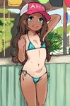  :d arm_behind_head bikini blue_bikini blue_eyes brown_hair commentary_request day flat_chest hai_ookami hat headwear_writing long_hair looking_at_viewer navel open_mouth original outdoors side-tie_bikini sketch smile solo swimsuit tan tanline wavy_hair work_in_progress 