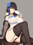  1girl areolae bare_shoulders black_hair black_legwear black_panties black_thighhighs breasts brown_eyes brown_gloves curvy elbow_gloves erect_nipples female fingerless_gloves garter_straps gg-e girls_frontline gloves hair_ornament highres lace-trimmed_thighhighs large_breasts lingerie long_hair looking_at_viewer mole nipples panties perky_breasts qbz-95_(girls_frontline) see-through shirt simple_background sitting solo thighhighs thighs very_long_hair white_shirt 