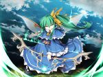  adapted_costume arrow arrow_in_mouth belt belt_buckle blue_dress blue_sky bow_(weapon) buckle capelet cloud cloudy_sky daiyousei dress fairy fairy_wings full_body glowing glowing_weapon green_eyes green_hair hair_ribbon holding holding_bow_(weapon) holding_weapon long_hair long_sleeves looking_at_viewer mary_janes mouth_hold pointy_ears ribbon sasasa_(nashi) shoes side_ponytail sidelocks sky smile smirk solo standing touhou tsurime weapon wide_sleeves wings yellow_ribbon 