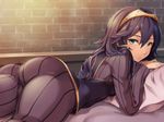  ass bed blue_hair fire_emblem fire_emblem:_kakusei from_behind long_hair looking_at_viewer lucina lying on_stomach shinon_(tokage_shuryou) solo sweater thighhighs tiara 