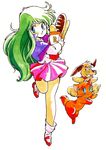  80s alpha_(dream_hunter_rem) animal_ears ayanokouji_rem bag beta_(dream_hunter_rem) blue_eyes carrying cat dog_ears dream_hunter_rem full_body green_hair grocery_bag leg_up long_hair long_sleeves looking_at_viewer marker_(medium) mouri_kazuaki official_art oldschool purple_capelet shopping_bag simple_background skirt smile traditional_media white_background 