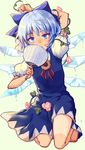  arm_behind_head barefoot blue_dress blue_eyes blue_hair blue_wings cirno dress fan flower full_body highres ice ice_wings kneeling looking_at_viewer melting plant puffy_short_sleeves puffy_sleeves red_ribbon ribbon short_hair short_sleeves solo sunflower sweat tan tanline tanned_cirno touhou uneven_eyes uranaishi_(miraura) vines wings 