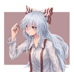  border bow breasts brown_background commentary_request dress_shirt fujiwara_no_mokou hair_between_eyes hair_bow hair_pull hand_up long_hair long_sleeves looking_up medium_breasts nail_polish outside_border red_eyes red_nails roke_(taikodon) shirt silver_hair simple_background sketch solo suspenders touhou upper_body very_long_hair white_border white_bow white_shirt wing_collar 
