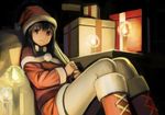  bangs black_eyes black_hair boots candle candlelight commentary_request feet_out_of_frame gift hat leaning_back looking_at_viewer original pantyhose puffy_sleeves sack santa_boots santa_costume santa_hat sitting smile solo wasabi60 white_legwear 