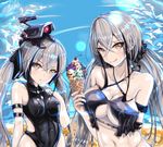  :p asil breasts cleavage destroyer_(girls_frontline) dinergate_(girls_frontline) food gaia_(girls_frontline) girls_frontline highres ice_cream large_breasts long_hair looking_at_viewer medium_breasts multiple_girls multiple_persona navel sangvis_ferri silver_hair swimsuit tongue tongue_out twintails 