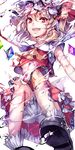  absurdres blonde_hair bloomers commentary crystal fangs flandre_scarlet hair_ribbon happy hat highres long_hair looking_at_viewer mob_cap navel neckerchief open_mouth red_eyes ribbon side_ponytail skirt slit_pupils smile solo touhou underwear unity_(ekvmsp02) water wings 