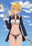  ahoge artoria_pendragon_(all) artoria_pendragon_(swimsuit_archer) black_jacket blonde_hair breasts cleavage cloud cloudy_sky collarbone cowboy_shot day excalibur fate/grand_order fate_(series) green_eyes hair_between_eyes highres holding holding_sword holding_weapon jacket long_hair long_sleeves looking_at_viewer low_ponytail medium_breasts navel open_clothes open_jacket ponytail sky smile solo sports_bikini standing stomach super_soaker swimsuit sword thigh_gap trigger_discipline water_gun weapon yukarite 