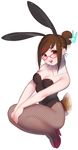  :d abeja animal_ears bangs bare_arms bare_shoulders black_leotard breasts brown_eyes brown_hair bunny_earrings bunny_ears bunny_girl bunny_tail bunnysuit cleavage detached_collar earrings eyebrows_visible_through_hair fake_animal_ears fishnet_pantyhose fishnets glasses hair_bun hair_ornament hair_stick hands_on_own_knees high_heels highres jewelry leotard looking_at_viewer medium_breasts mei_(overwatch) open_mouth overwatch pantyhose pink-framed_eyewear red_footwear shoes sidelocks simple_background smile solo swept_bangs tail upper_teeth white_background 