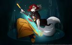  16:10 2017 anthro boots canine clothed clothing dress female fluffy fluffy_tail footwear fur glowing green_eyes hair hi_res holding_object hood jacket keidran mammal melee_weapon pose red_hair roselyn_(twokinds) simple_background sitting solo sword tom_fischbach transistor twokinds weapon webcomic white_fur wolf 