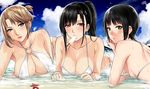  ass back bikini black_hair blue_eyes blush breasts cleavage closed_eyes earrings food highres jewelry looking_at_viewer lying multiple_girls on_stomach original popsicle red_eyes short_hair sideboob small_breasts swimsuit take_your_pick wet white_bikini xtermination 