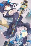  alice_(sinoalice) black_gloves black_hair blue_fire book breasts cleavage dress elbow_gloves fire frilled_dress frills gloves highres looking_at_viewer medium_breasts moebaka open_book puffy_short_sleeves puffy_sleeves red_eyes short_hair short_sleeves sinoalice solo staff tattoo thighhighs 