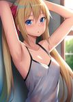  alexmaster armpits arms_behind_head arms_up bangs bare_arms blonde_hair blue_eyes blush breasts camisole collarbone commentary_request day eyebrows_visible_through_hair hair_between_eyes hair_ribbon highres indoors long_hair looking_at_viewer original parted_lips red_ribbon revision ribbon shiny shiny_hair sidelocks small_breasts solo sweat twintails upper_body window 