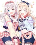  2girls ;d ^_^ alternate_hairstyle artist_name bang_dream! bangs belt black_choker blonde_hair blue_eyes center_frills choker clenched_hand closed_eyes clothes_around_waist earrings eyes_closed flower hair_ornament hair_ribbon hair_scrunchie hairpin heart heart_earrings highres jewelry long_hair long_sleeves midriff multiple_girls navel notice_lines one_eye_closed open_mouth patzzi pink_scrunchie pink_shirt plaid plaid_shirt polka_dot polka_dot_scrunchie red_choker ribbon rose sailor_collar scrunchie shirasagi_chisato shirt shirt_around_waist short_shorts shorts smile sparkle star thigh_strap twintails wakamiya_eve white_hair x_hair_ornament yellow_flower yellow_rose 