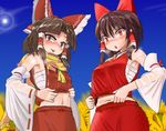  :o :p armpits benikurage blush bow breasts brown_eyes brown_hair closed_mouth cookie_(touhou) eyebrows_visible_through_hair hair_bow hair_tubes hakurei_reimu highres large_breasts looking_at_viewer multiple_girls navel pai_kebon_baa parted_lips plump red_bow red_eyes reu short_hair smile sweat tongue tongue_out touhou v-shaped_eyebrows 