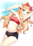  :d ayamy blush bra breasts commentary_request drill_hair eromanga_sensei eyebrows_visible_through_hair fang feet_out_of_frame frilled_bra frills gym_shorts hair_ribbon headband long_hair looking_at_viewer medium_breasts navel ocean open_mouth orange_eyes orange_hair ribbon short_shorts shorts smile solo sweatdrop underwear yamada_elf 