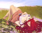  anthro black_nose blue_eyes breasts cat clothed clothing day detailed_background feline female grass hair kyander lying mammal outside red_hair smile solo 