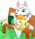  3_fingers 3_toes :d animal_crossing anthro arctic_wolf bangs bare_shoulders barefoot bell bench black_nose blonde_hair blue_fur blue_hair blue_markings blue_tail blush blush_stickers brown_nose buckteeth canine cheek_tuft clothed clothing countershade_face countershading cute digital_media_(artwork) dipstick_tail dog duo eyebrows eyelashes eyes_closed female floppy_ears full-length_portrait fully_clothed fur grass green_bottomwear green_clothing green_skirt green_topwear hair happy hoshi_(artist) isabelle_(animal_crossing) jingle_bell kemono looking_at_another looking_down mammal markings miniskirt multicolored_fur multicolored_hair multicolored_tail nintendo on_lap open_mouth pawpads pencil_skirt pink_pawpads pink_tongue plaid portrait purple_clothing purple_shirt purple_topwear raised_arm shih_tzu short_hair short_sleeves short_tail sitting skirt sleeveless sleeveless_shirt smile socks_(marking) surprise sweater_vest teeth toes tongue topknot tuft two_tone_fur two_tone_hair two_tone_tail vest video_games white_clothing white_countershading white_fur white_hair white_shirt white_tail white_topwear whitney_(animal_crossing) wolf yellow_fur yellow_tail 