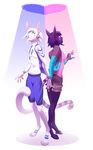  4_toes 5_fingers anthro barefoot blue_eyes breasts cat clothed clothing digitigrade duo feline female hair kyander male mammal smile standing toes white_hair 